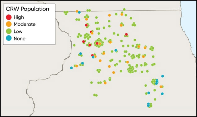 Map - northern Illinois - showing peak population levels observed at corn rootworm beetle trapping locations in 2019.