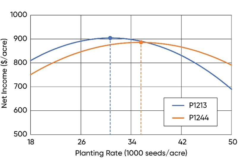 Graph - Economic optimum planting rates of two Pioneer brand hybrid families.
