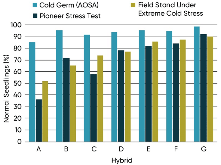 Bar Chart - Cold germination test and Pioneer Stress Test results of several hybrids compared to actual field stand establishment under extreme cold stress conditions.