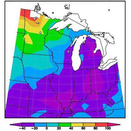 Growing degree unit accumulation deviation from normal for the period of May 1 to 27 2025
