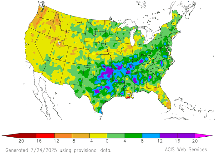 US map showing precipitation anomaly for the 120-day period from March 26 to July 23 2025