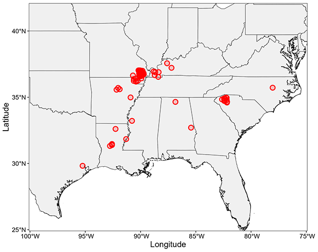 Weather conditions in 2025 compared to the previous 30 years for a set of locations with reported tassel wrap incidents