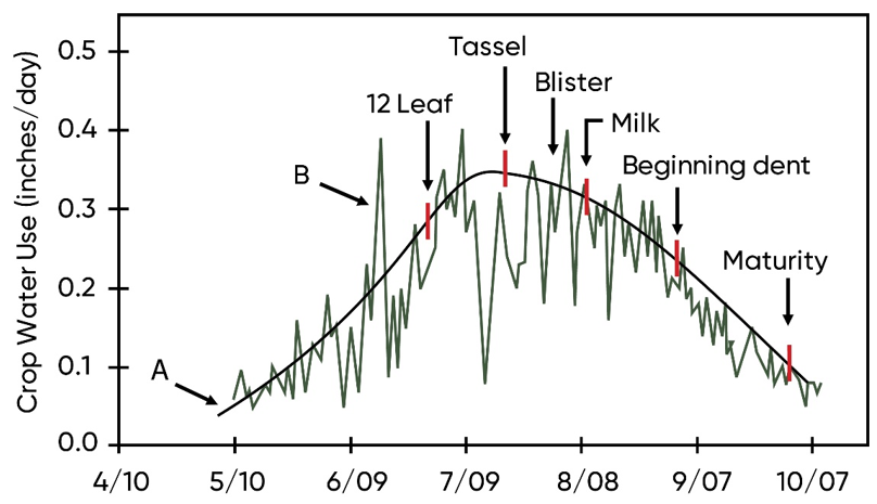 Illustration - Long-term daily average and individual year corn water use by growth stage.