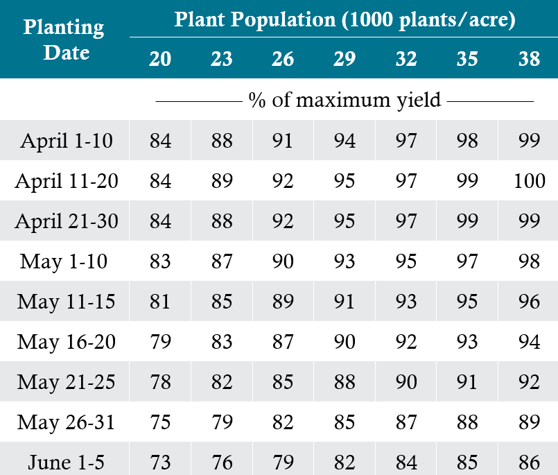 Table showing plant population and planting date responses for corn.