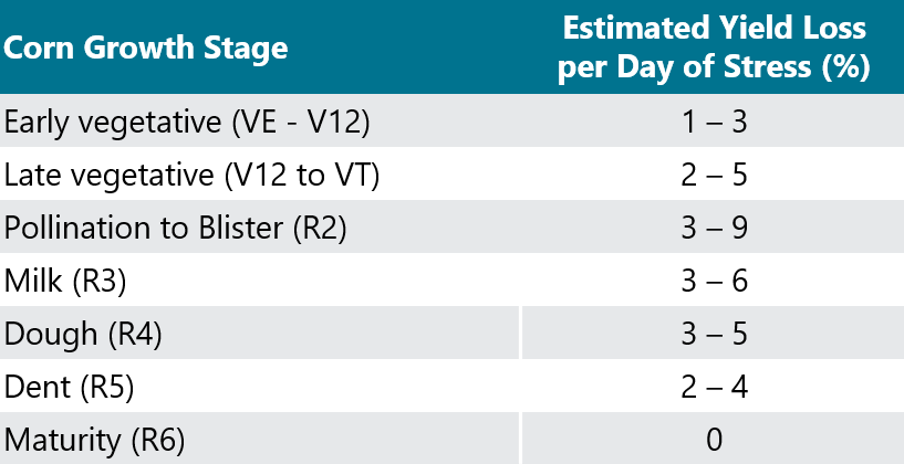 Table - Estimated corn yield loss when drought stress persists for four or more consecutive days.