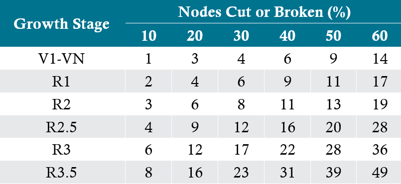 Table - Estimated soybean yield loss from cut or broken nodes.