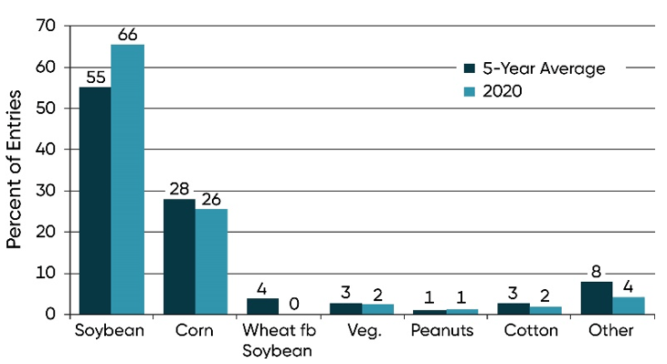 Bar Chart - Previous crop in NCGA National Corn Yield Contest entries exceeding 300 bu per acre in 2020 and 5-year averages.