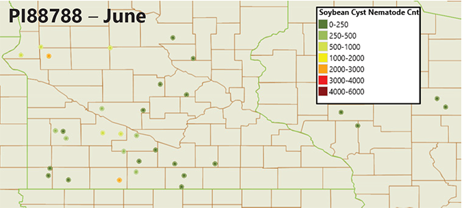 Study locations showing SCN egg counts in June on PI88788 varieties