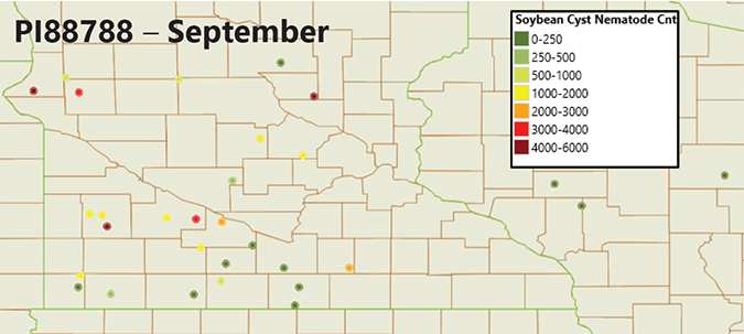 Study locations showing SCN egg counts in September on PI88788 varieties
