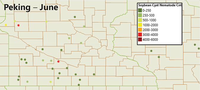 Study locations showing SCN egg counts in June on Peking varieties