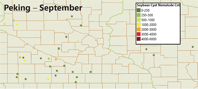 Study locations showing SCN egg counts in September on Peking varieties