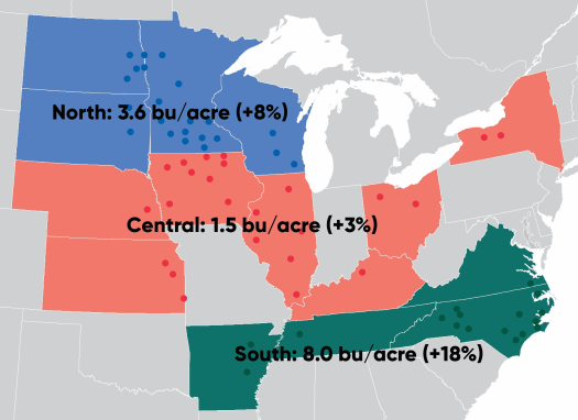 Map - US midwest and northeast - yield advantage of narrow row soybeans by region among university research trials