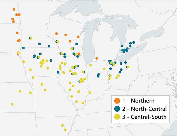 Locations of 211 trial site-years and environmental clusters of soybean seeding rate experiments.