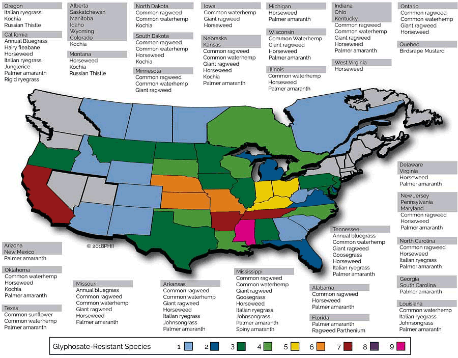 Confirmed cases of glyphosate resistance in North America as of spring 2018