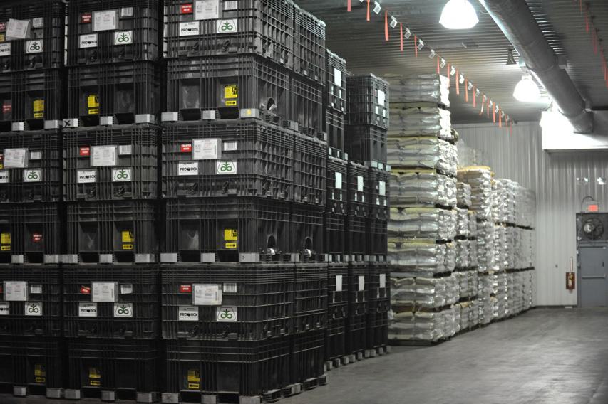 This is a photo showing seed stored in a climate-controlled warehouse.