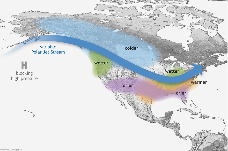 Typical impacts of La Niña on winter weather in North America.