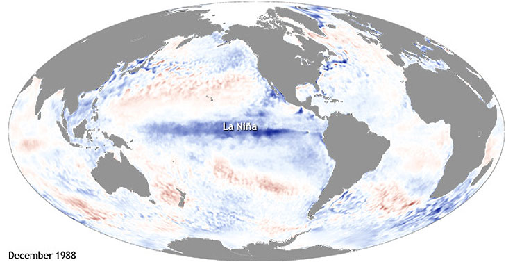 Sea surface temperature across the tropical Pacific Ocean in December 1988 during a strong La Niña.
