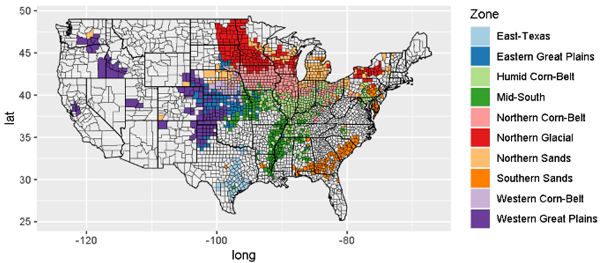US Map - GEM zones developed for crop growing regions.